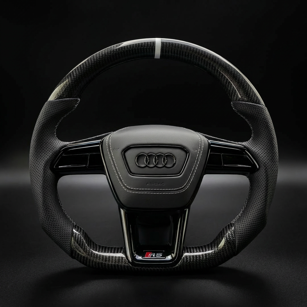 Volant personnalisé Audi A6 RS6 A7 RS7 C8 Q7 Q8 RS Q8 sur mesure - alcantara carbone - Custom By Us